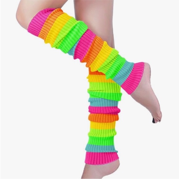 🌈Neon Rainbow 80s Leg Warmers One Size🌈 - Picture 2 of 2